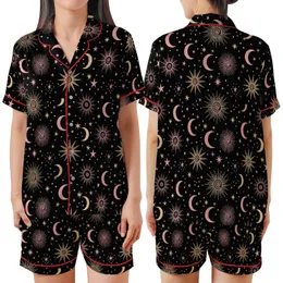Stargazer's Golden & Rose Celestial Sun Moon Star Pattern - Deep Black Wearable Satin Short-Sleeve Pajamas Set