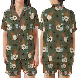 Gnome Coffee Lovers: Whimsical Gnomes & Espresso Beans - Deep Olive Green Cozy Loungewear Piece Satin Short-Sleeve Pajamas Set