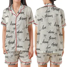 Romantic Soul's Ecru & Black Calligraphy Script: Love, Dream, Cherish Filigree Keepsake Satin Short-Sleeve Pajamas Set