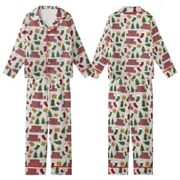 Festive Celebrator's Merry Christmas Text Tree Present Stocking All-Over Pattern Fabric Kid Satin Pajamas Set