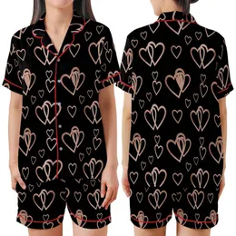 Elegant Style: Overlapping Rose Gold Copper Heart Motifs Black Pattern Satin Short-Sleeve Pajamas Set