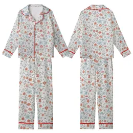Delicate Floral Dream: Muted Terracotta Blue Pink Blossom & Vine Motif on Silver-Grey - Wearable Fabric Satin Short-Sleeve Pajamas Set