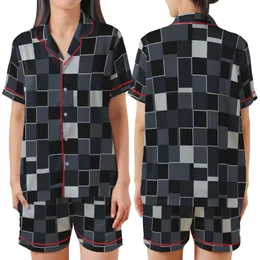 Contemporary Chic Interlocking Geometric Black Grey Abstract Pattern Designer Scarf Satin Short-Sleeve Pajamas Set