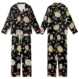 Elegant Floral Embellishment: Peony & Cherry Blossom Motif - Deep Black, Muted Gold & Sage Palette Kid Satin Pajamas Set