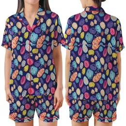 Whimsical Navy Abstract: Hand-Drawn Organic Splotches Pattern - Multi-Color Wearable Satin Short-Sleeve Pajamas Set