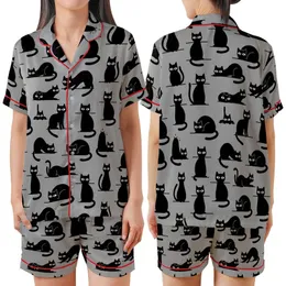 Cat Lover's Minimalist Black Cat Silhouettes Playful Poses Heather Grey Loungewear Satin Short-Sleeve Pajamas Set