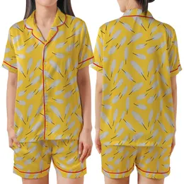 Playful Spirit: Light Warm Grey Feathers on Vibrant Yellow Wearable Satin Short-Sleeve Pajamas Set