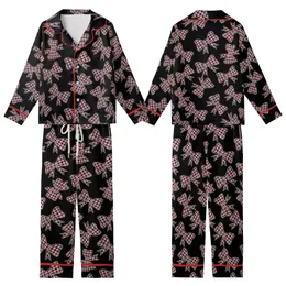 Chic Style Pink Plaid Bows Seamless Pattern on Black Customizable Item Satin Short-Sleeve Pajamas Set