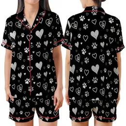 Heart & Paw Fan: Distressed Brush-Stroke Hearts & Paw Prints – Chalky White & Grey Scattered Design Item Satin Short-Sleeve Pajamas Set
