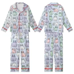 Cat Lover's Pastel Cartoon Cats: Winking Curious Kitten Print Design Satin Short-Sleeve Pajamas Set