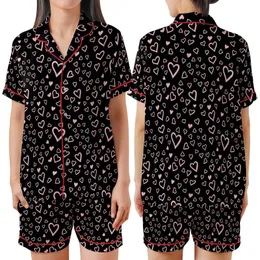 Women's Playful Pink Hearts Design: Imperfect Hand-Drawn Scattered Motif – Black Knit Top Satin Short-Sleeve Pajamas Set
