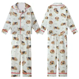 Dog Lover Dreamy Sleep Set: Sleepy Dachshund Beagle Pattern, Creamy Blue Stripes Kid Satin Pajamas Set
