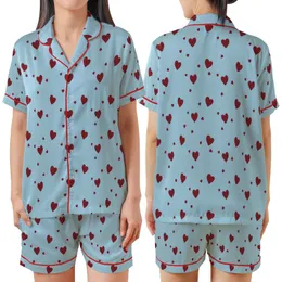 Minimalist Love Top: Pale Sky Blue Scattered Maroon Hearts Satin Short-Sleeve Pajamas Set