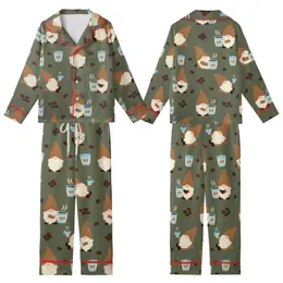Gnome Coffee Lovers: Whimsical Gnomes & Espresso Beans - Deep Olive Green Cozy Loungewear Piece Kid Satin Pajamas Set