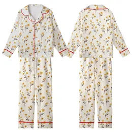Delicate Wildflower Motif: Hand-Drawn Daisy Blossoms, Creamy Goldenrod & Dark Brown Kid Satin Pajamas Set
