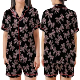 Chic Style Pink Plaid Bows Seamless Pattern on Black Customizable Item Satin Short-Sleeve Pajamas Set
