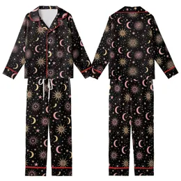 Stargazer's Golden & Rose Celestial Sun Moon Star Pattern - Deep Black Wearable Kid Satin Pajamas Set