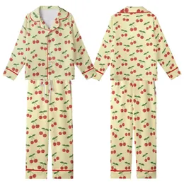 Women's Bright Red Cherry Clusters with Green Stems & Leaves – Whimsical Yellow Pattern – Comfort Loungewear Kid Satin Pajamas Set
