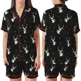 Cat Lover's Grumpy Shaggy Black Cat Coffee Mug Repeating Pattern – Humorous Wearable Art Satin Short-Sleeve Pajamas Set