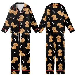 Golden Retriever Lover: Playful Puppies, Rosy Cheeks, Red Hearts & Bones Pattern - Black Background Kid Satin Pajamas Set