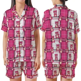 Playful Soul's Loungewear: Vibrant Pink Plaid, Cartoon Bears with Cream Snouts & Hearts Satin Short-Sleeve Pajamas Set