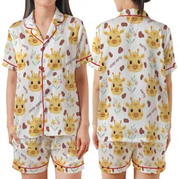 Gentle Baby Giraffe Sleep Set: Red-Brown Spot & Pink Flower Pattern with 'Sleep Early' Text Satin Short-Sleeve Pajamas Set