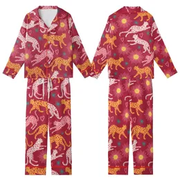 Whimsical Folk Art Leopard Design: Orange-Yellow & Pink Leopards, Crimson, Yellow Suns, Pink Hearts, Teal Starbursts Kid Satin Pajamas Set