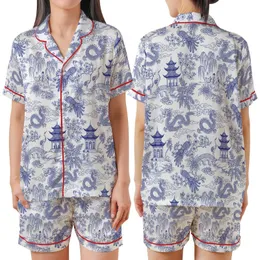 Chinoiserie Chic: Cobalt Blue Toile de Jouy Dragon Phoenix Crane Scenic Wearable Design Satin Short-Sleeve Pajamas Set