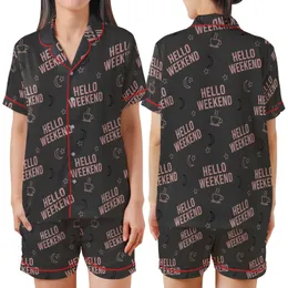 Weekend Lover's HELLO WEEKEND Repeating Pattern: Dusky Rose & Black Coffee Moon Star Wearable Item Satin Short-Sleeve Pajamas Set