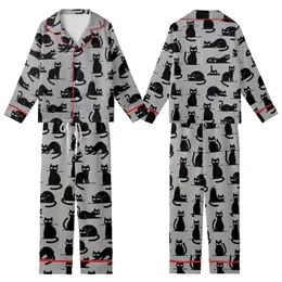 Cat Lover's Playful Black Cat Silhouettes - Heather Grey Wearable Motif Kid Satin Pajamas Set