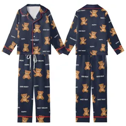 Sweet Dreams Lover: Playful Teddy Bear & Happy Text Pattern - Dark Navy Comfort Attire Kid Satin Pajamas Set
