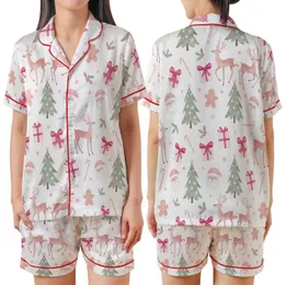Whimsical Pink Christmas Watercolor Scatter - Santa, Reindeer, Trees, Gifts Design Satin Short-Sleeve Pajamas Set