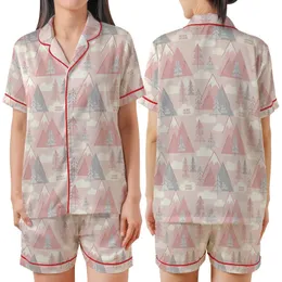 Nature Lover's Soft Pink Gray Minimalist Mountain & Pine Pattern, 'THE GREAT OUTDOORS' Text Top Satin Short-Sleeve Pajamas Set