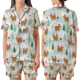 Cozy Holiday Loungewear: Whimsical Highland Cow Winter Wonderland, Snowy Hills & Santa Hats Satin Short-Sleeve Pajamas Set