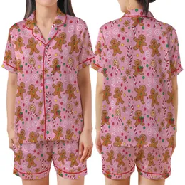 Whimsical Gingerbread Fun: Cheerful Characters, Candy Canes, Pink Gumdrop Swirls - Festive Item Kid Satin Pajamas Set