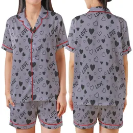 Love-Inspired Muted Lavender Hearts Pattern: Scattered Charcoal Outline Design Satin Short-Sleeve Pajamas Set