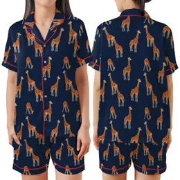 Giraffe Enthusiast's Charming Rusty Orange Brown Irregular Spot Giraffe Deep Navy Fabric Design Satin Short-Sleeve Pajamas Set