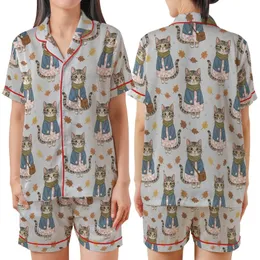 Whimsical Tabby Cat Autumn Art: Denim Jacket & Floral Dress Cats, Berry & Leaf Motif Satin Short-Sleeve Pajamas Set
