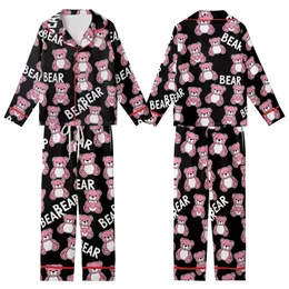 Whimsical Bear Lover Pink Cartoon Teddy Bear & 'BEAR' Text Heart Design Kid Satin Pajamas Set