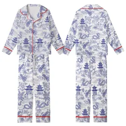 Chinoiserie Chic: Cobalt Blue Toile de Jouy Dragon Phoenix Crane Scenic Wearable Design Kid Satin Pajamas Set