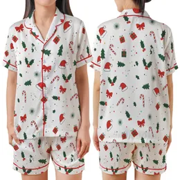 Festive Joy Collection: Whimsical Holly, Candy Cane & Santa Hat Design - Seasonal Wearable Item Satin Short-Sleeve Pajamas Set