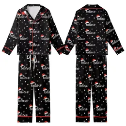 Festive Believer's Repeating White 'Believe' Script, Red Santa Hat, White Stars & Snowflakes Pattern Design Kid Satin Pajamas Set