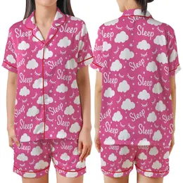 Cozy Dreamer's Hot Pink White Whimsical Sleep Eyelashes Star Cloud Pattern Sleep Set Satin Short-Sleeve Pajamas Set