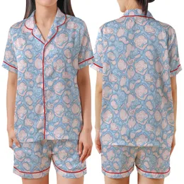 Serene Organic Swirls: Pale Sky Blue Muted Pink Paisley Dots Custom Design Satin Short-Sleeve Pajamas Set