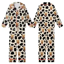 Playful Giraffe Fan: Creamy Beige Black Spotted with Cheerful Wide-Eyed Pink Bow Giraffe Pattern Wear Kid Satin Pajamas Set