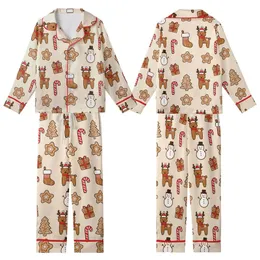 Christmas Enthusiast's Gingerbread Cookie Reindeer Tree Star Snowman Candy Cane Stocking Scatter Pattern Kid Satin Pajamas Set