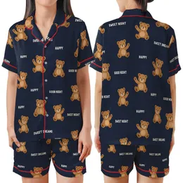 Sweet Dreams Lover: Playful Teddy Bear & Happy Text Pattern - Dark Navy Comfort Attire Satin Short-Sleeve Pajamas Set