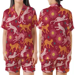 Whimsical Folk Art Leopard Design: Orange-Yellow & Pink Leopards, Crimson, Yellow Suns, Pink Hearts, Teal Starbursts Satin Short-Sleeve Pajamas Set