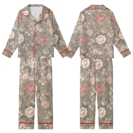 Women's Elegant Botanical Rose Garden Design: Dusty Rose Peach & Greige Blooms Kid Satin Pajamas Set