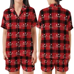 Butterfly Lover's Vibrant Red Black Scottish Tartan Plaid White Script Wearable Art Satin Short-Sleeve Pajamas Set